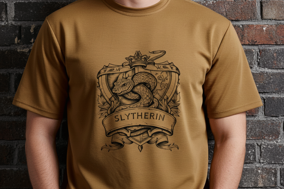 Model wearing oversized dark green Slytherin design harry potter t-shirt outdoor natural lighting
