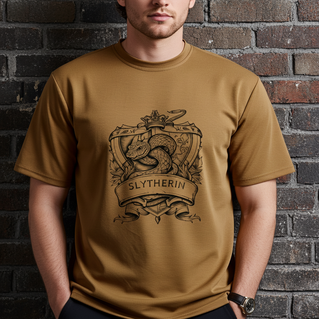 Model wearing oversized dark green Slytherin design harry potter t-shirt outdoor natural lighting