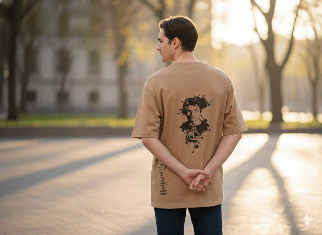 Men’s Oversized Hogwarts Express T-Shirt | Premium Streetwear – Trisholic side angle with drop-shoulder sleeves