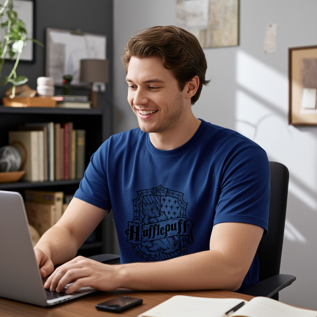 Drop-shoulder sleeve detail on oversized blue Hufflepuff tee