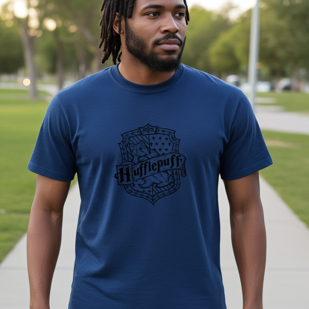 Ribbed collar close-up on blue oversized wizard tee