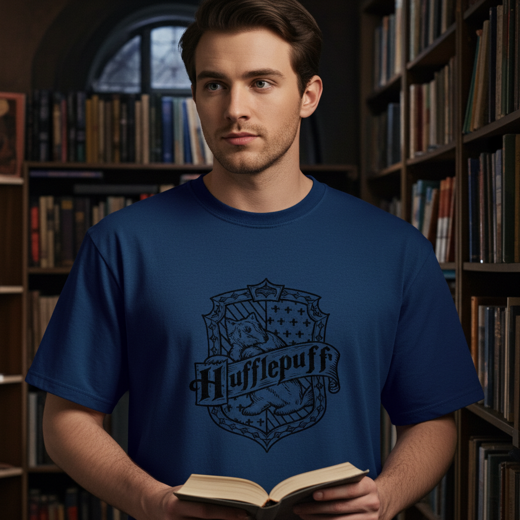 Back side of oversized Hufflepuff tee with smooth cotton drape