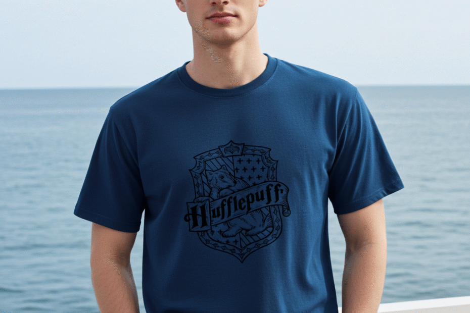 Model wearing blue Hufflepuff oversized streetwear tee outdoors