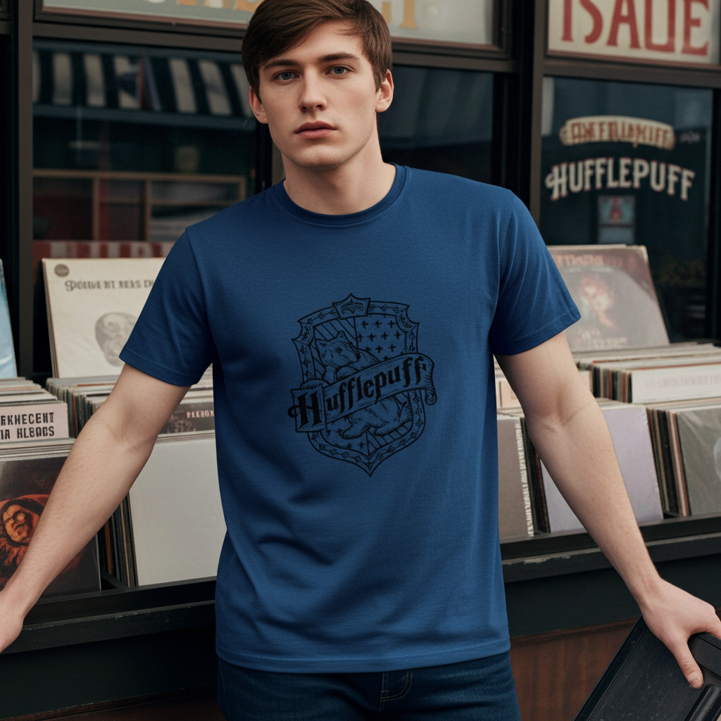 Folded blue cotton tee stack showing soft fabric and crest details