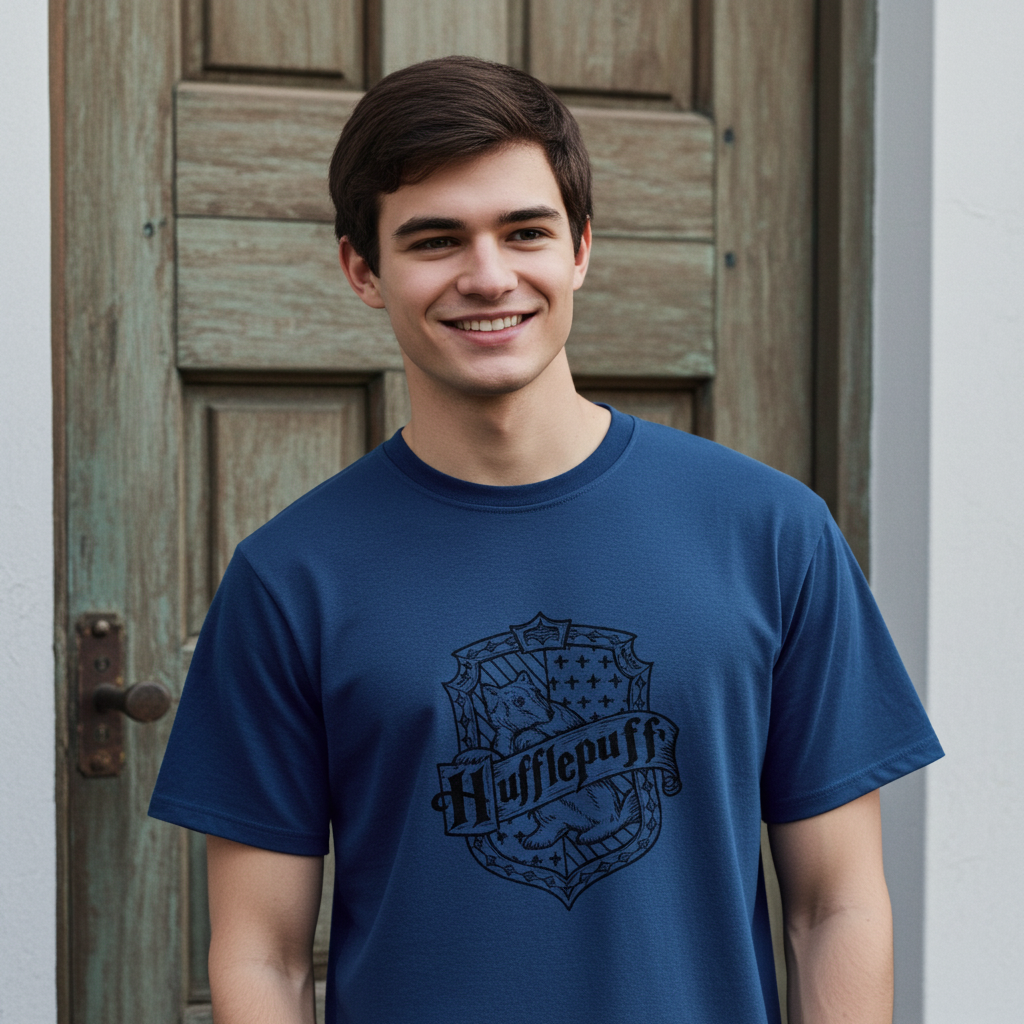 Blue oversized Hufflepuff tee styled in a clean minimal setup