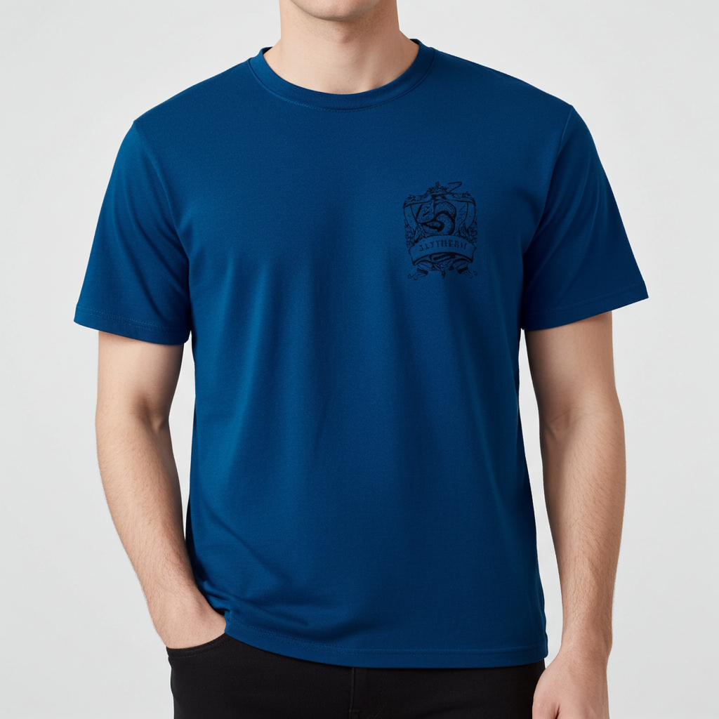 Close-up view of blue t-shirt fabric and printed emblem