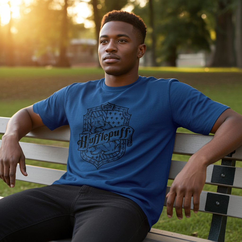 Close-up of layered Hufflepuff graphic print on blue cotton tee