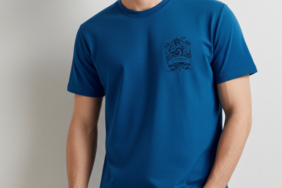 Side angle view of men’s oversized blue tee with short sleeves