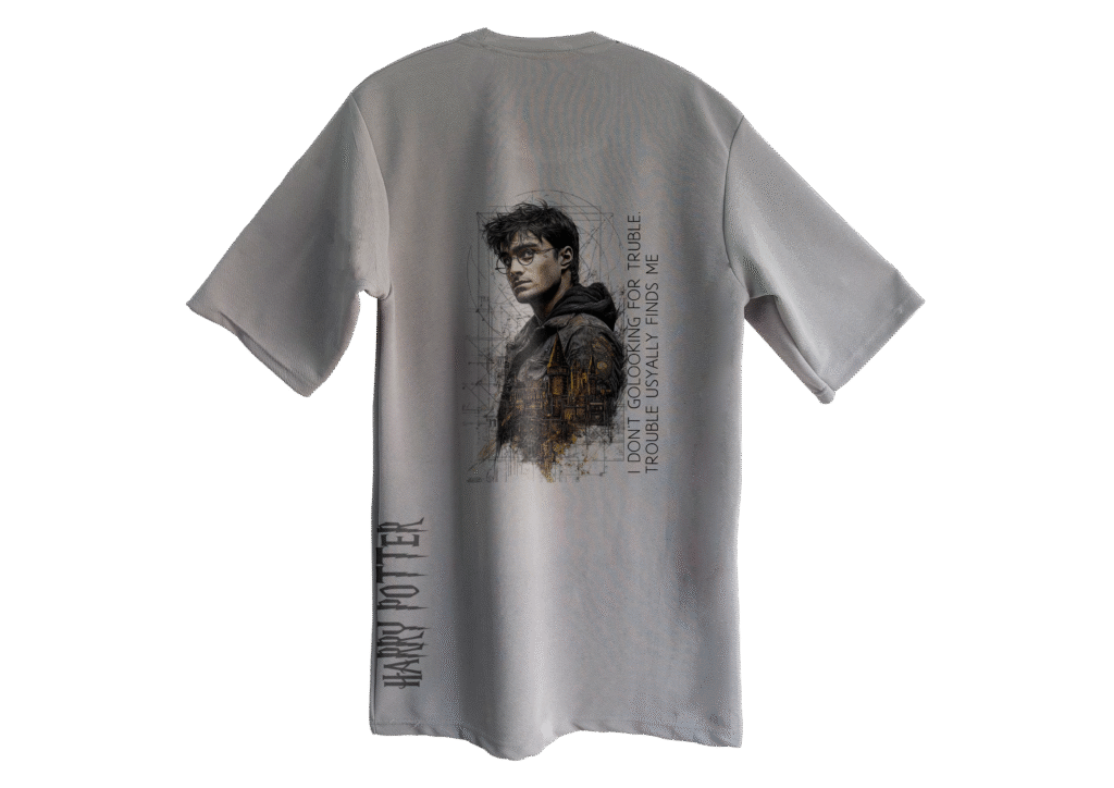 Gryffindor gray oversized t-shirt for men featuring premium cotton fabric and bold Hogwarts crest by Trisholic