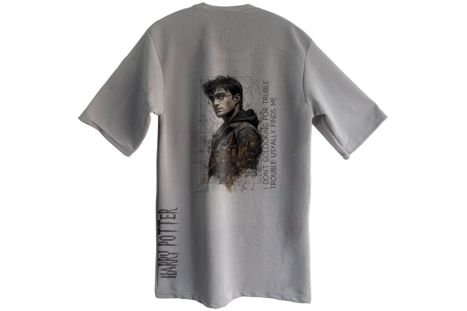 Gryffindor gray oversized t-shirt for men featuring premium cotton fabric and bold Hogwarts crest by Trisholic