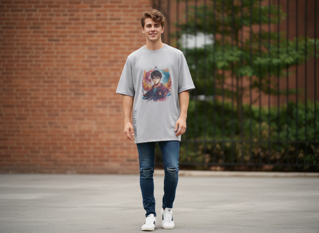 Harry Potter Gryffindor Oversized Tee styled with jeans and sneakers