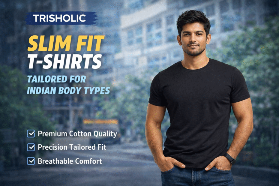 Trisholic slim fit T-shirt designed for Indian body types, featuring premium cotton fabric, precision tailoring, and breathable comfort for daily wear