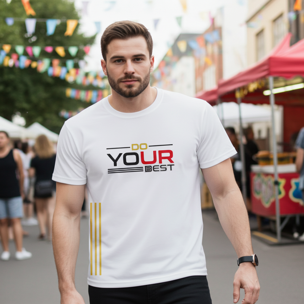 Men’s white motivational quote tee by Trisholic with slim-fit performance fabric