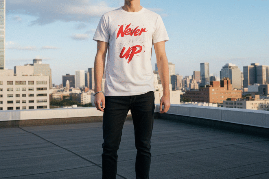 Never Give Up Motivational White Slim Fit Printed T-Shirt for Men | Trisholic