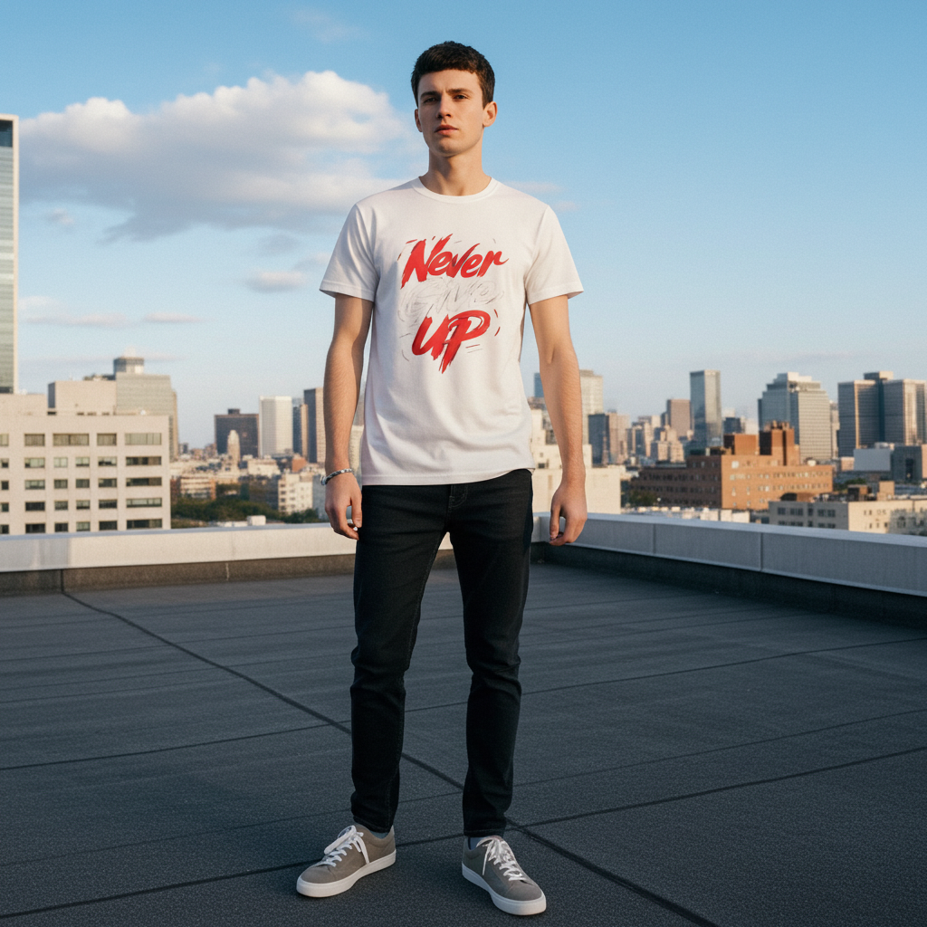 Never Give Up Motivational White Slim Fit Printed T-Shirt for Men | Trisholic