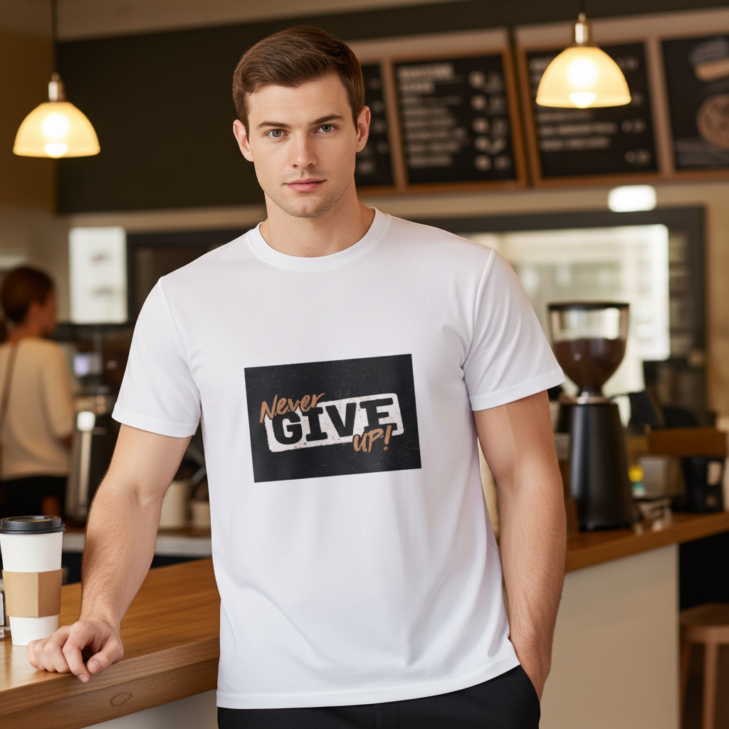 Close-up of Never Give Up Typography on White Men’s T-Shirt